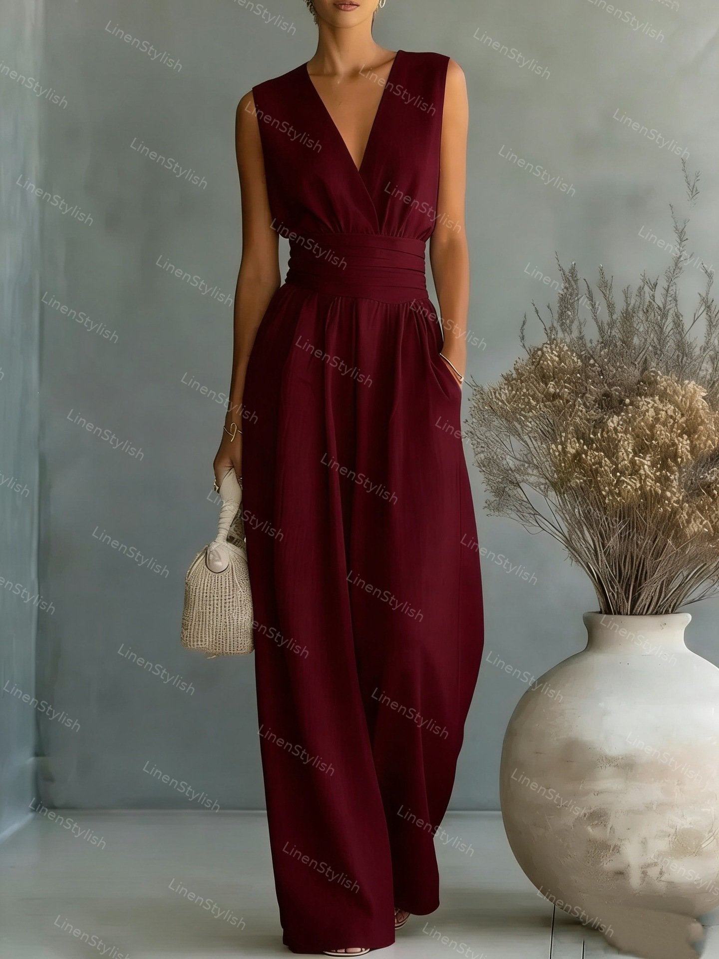 Elegant Sleeveless Waist V-neck Jumpsuit