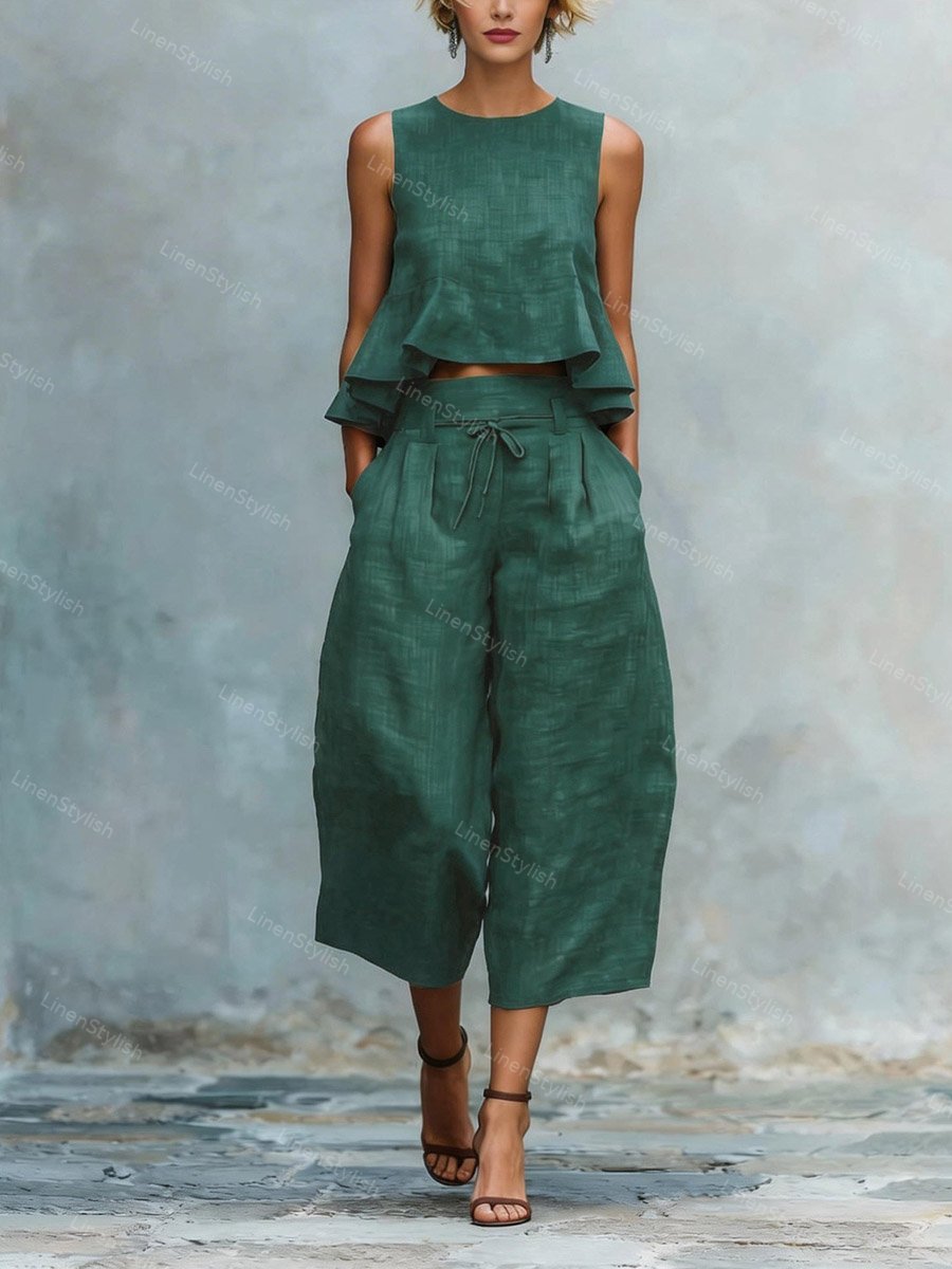 Casual Ruffled Sleeveless Vest & Pants Two-piece Set