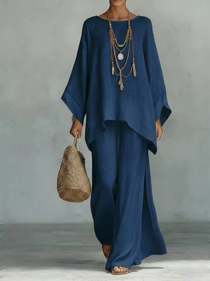 👚Relaxed Sky Blue Linen 2 Piece Lounge Set | Boho Oversized Tunic &amp; Wide Leg Pants