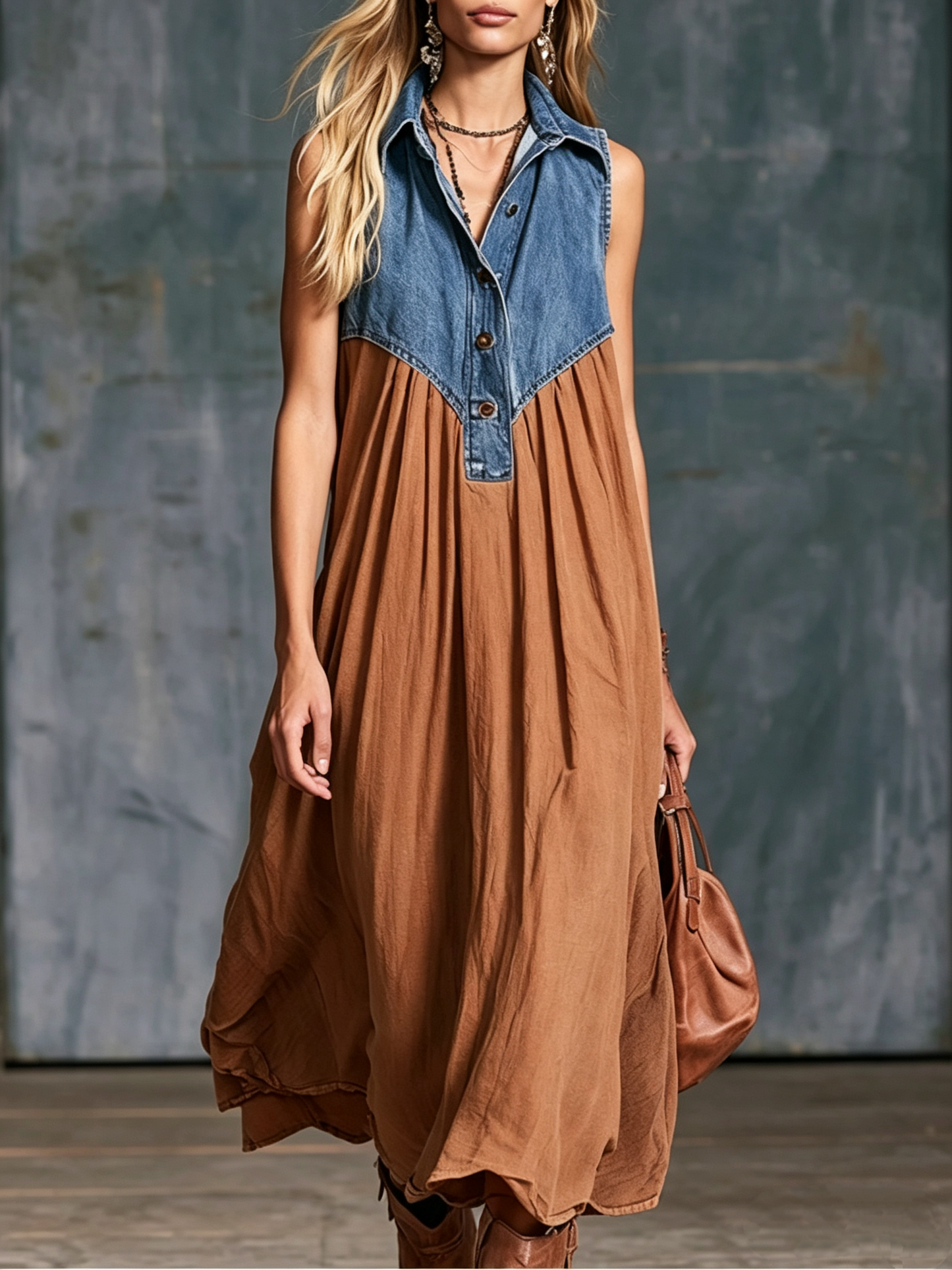 🤲LAST DAY SAVE 49% ⏰Women’s Denim Spliced Gradient Leopard Print Shirt Midi Dress