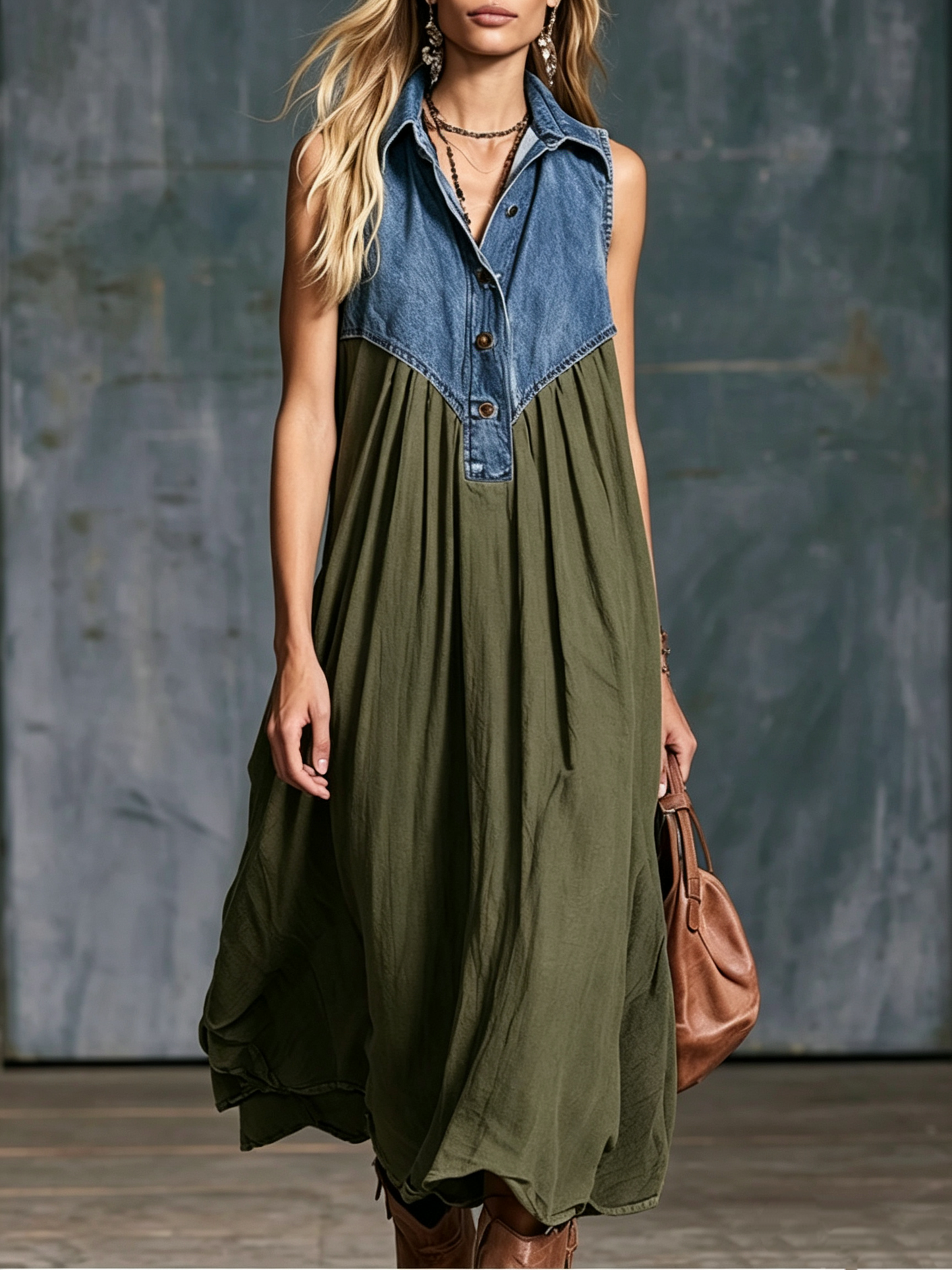 🤲LAST DAY SAVE 49% ⏰Women’s Denim Spliced Gradient Leopard Print Shirt Midi Dress