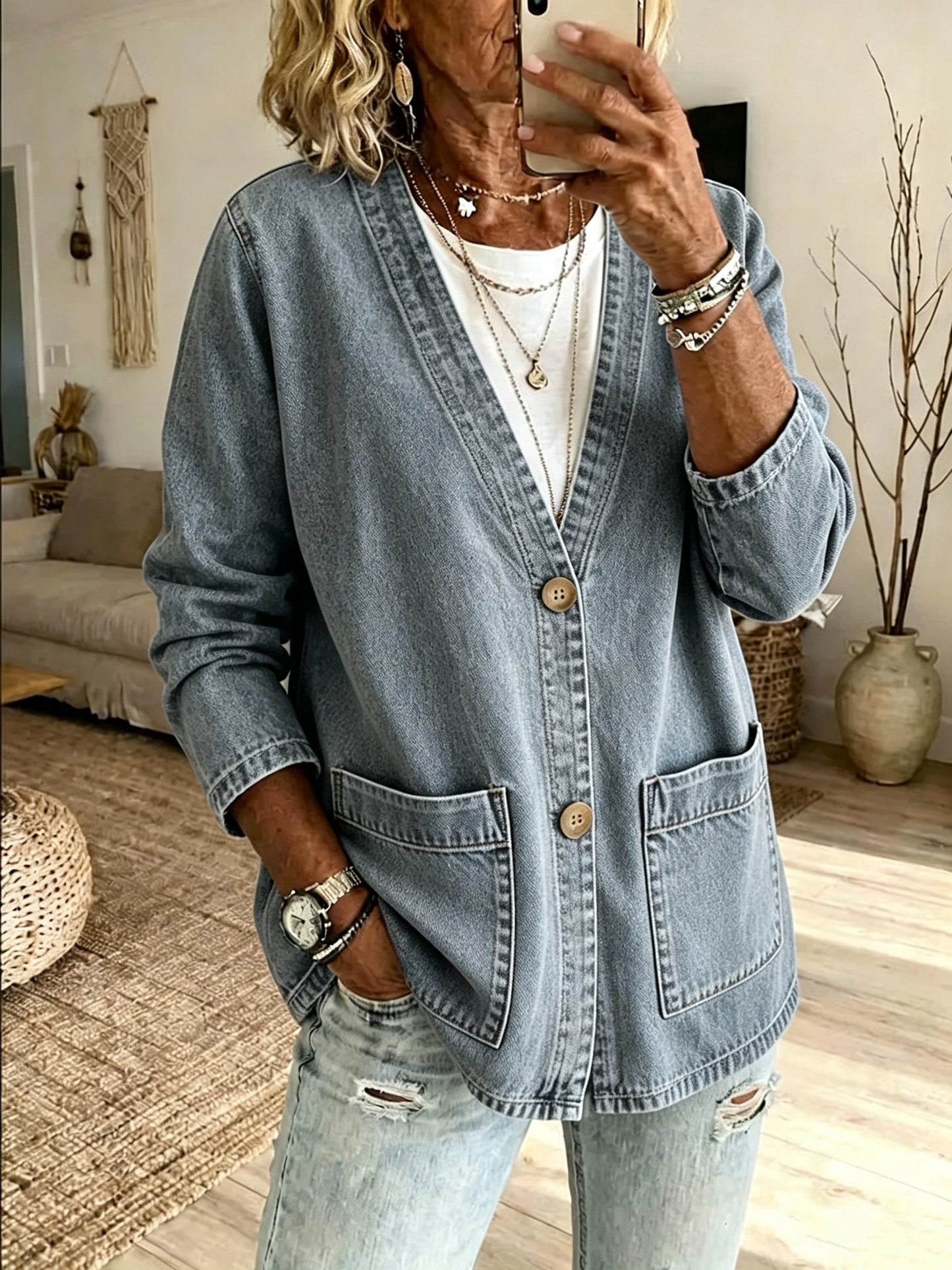 🤲LAST DAY SAVE 49% ⏰Effortless Denim V-Neck Pocket Cardigan