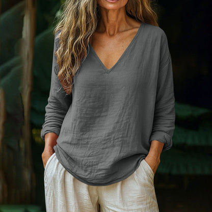 Casual Loose Linen Long-sleeved V-neck T-shirt