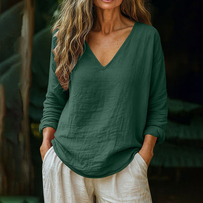 Casual Loose Linen Long-sleeved V-neck T-shirt