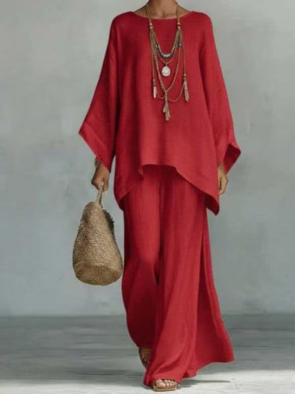 👚Relaxed Sky Blue Linen 2 Piece Lounge Set | Boho Oversized Tunic &amp; Wide Leg Pants