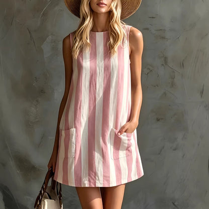 Vintage Striped Sleeveless Round Neck Cotton Linen Mini Dress