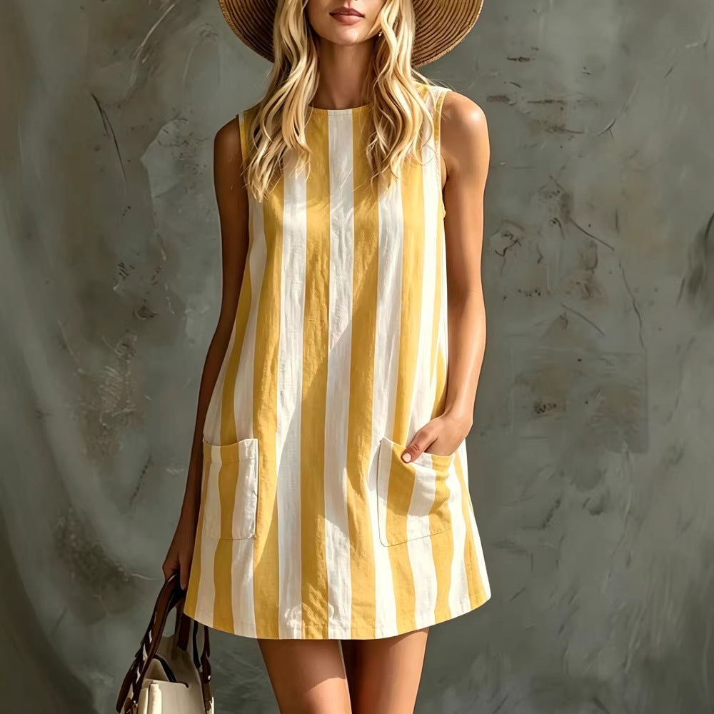 Vintage Striped Sleeveless Round Neck Cotton Linen Mini Dress