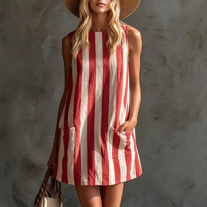 Vintage Striped Sleeveless Round Neck Cotton Linen Mini Dress