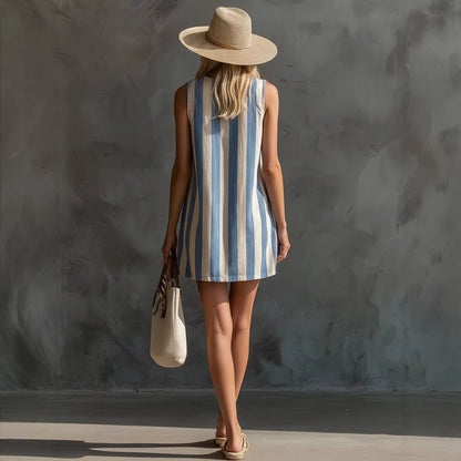 Vintage Striped Sleeveless Round Neck Cotton Linen Mini Dress