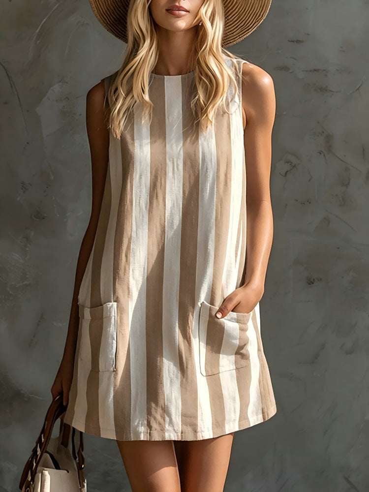 Vintage Striped Sleeveless Round Neck Cotton Linen Mini Dress