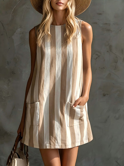 Vintage Striped Sleeveless Round Neck Cotton Linen Mini Dress