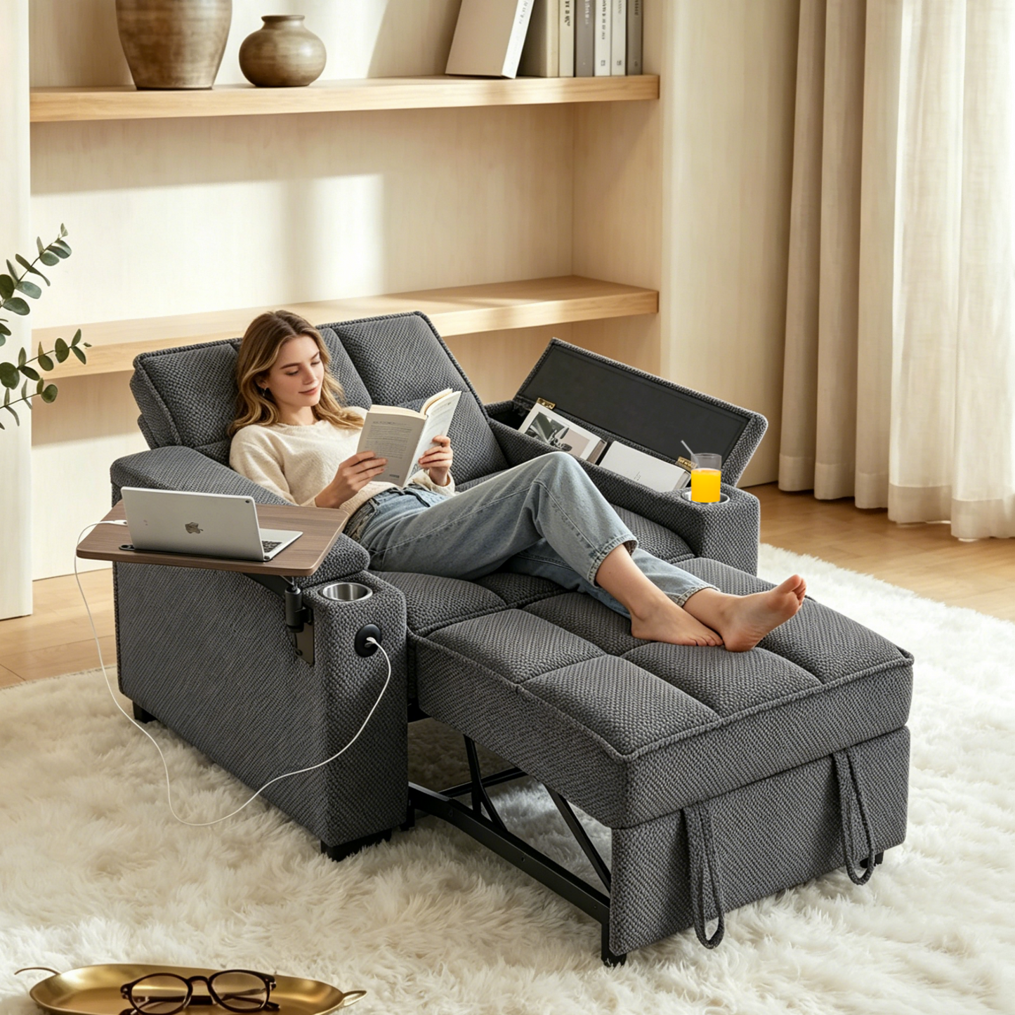 🤲 Factory direct salese🛋️3-in-1 Convertible Recliner Chair Bed with Charging Station & Hidden Storage – Modern Sleeper Chair for Small Spaces