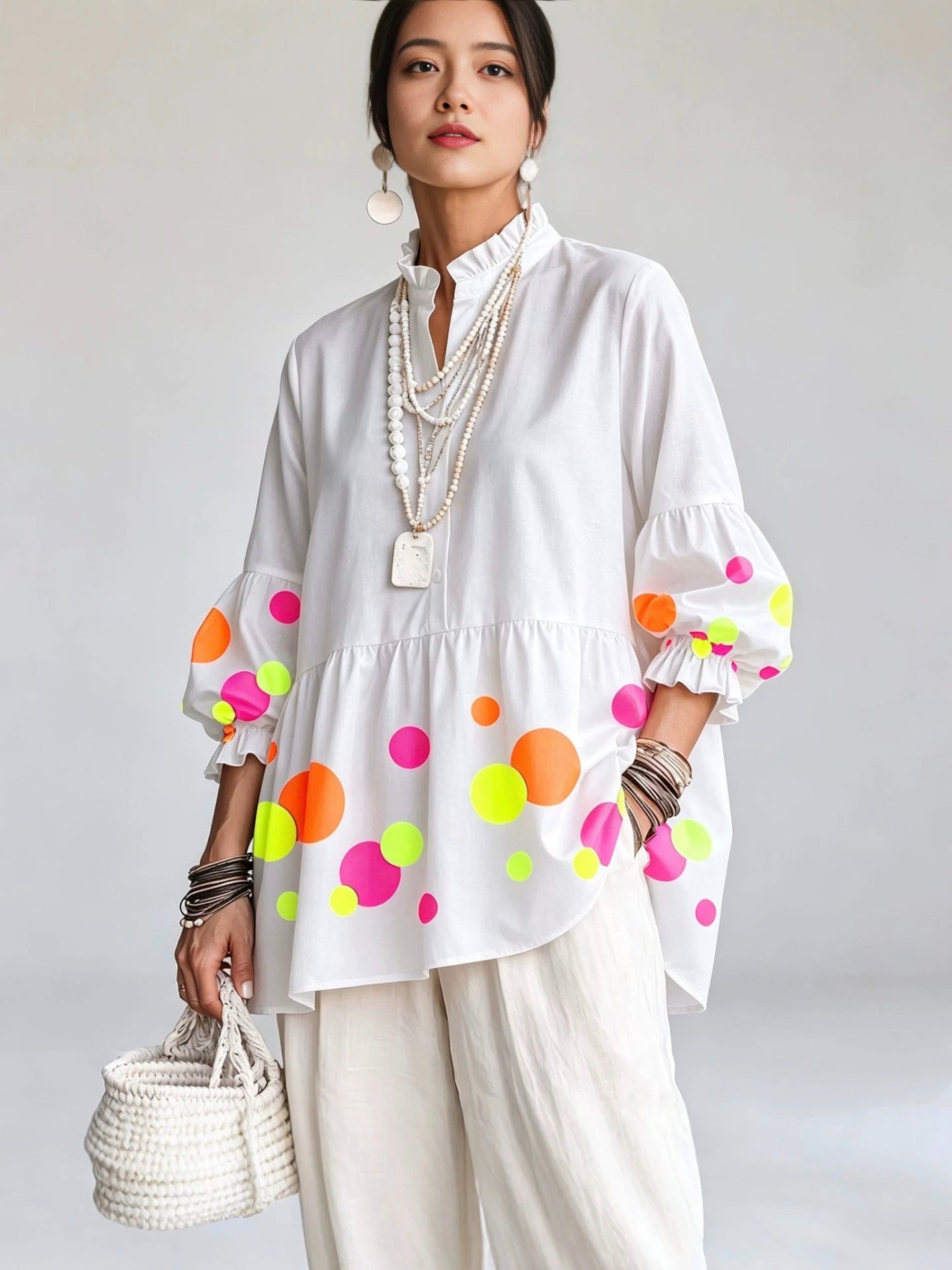 🤲LAST DAY SAVE 49% ⏰Artistic Neon Polka-Dot Linen Peplum Tunic