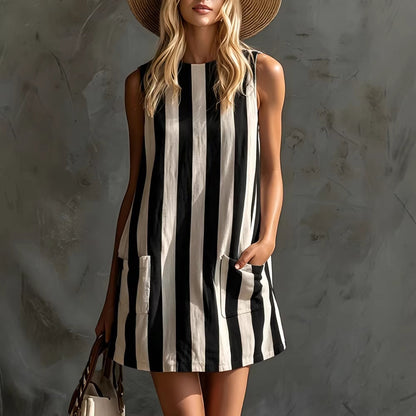 Vintage Striped Sleeveless Round Neck Cotton Linen Mini Dress