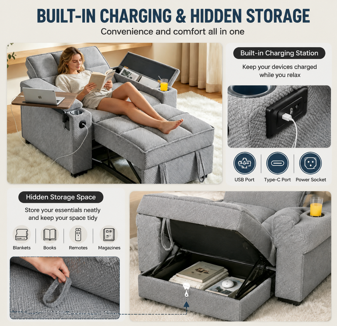 🤲 Factory direct salese🛋️3-in-1 Convertible Recliner Chair Bed with Charging Station & Hidden Storage – Modern Sleeper Chair for Small Spaces