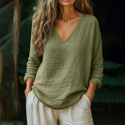 Casual Loose Linen Long-sleeved V-neck T-shirt