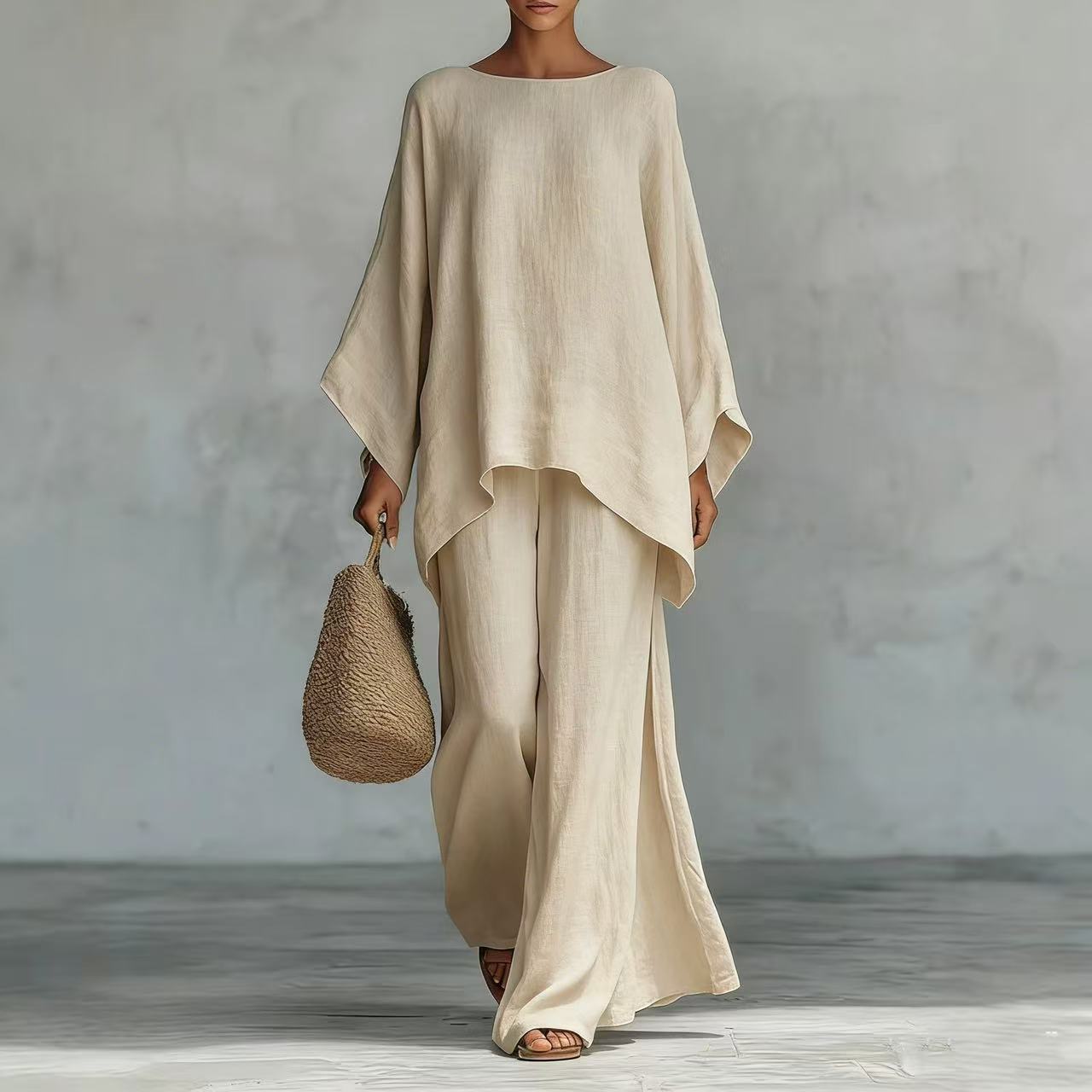 👚Relaxed Sky Blue Linen 2 Piece Lounge Set | Boho Oversized Tunic &amp; Wide Leg Pants
