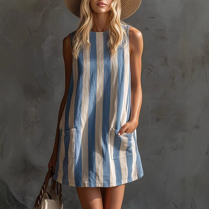 Vintage Striped Sleeveless Round Neck Cotton Linen Mini Dress