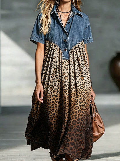 🤲LAST DAY SAVE 49% ⏰Women’s Denim Spliced Gradient Leopard Print Shirt Midi Dress