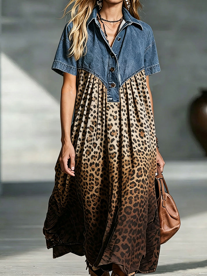 Women’s Denim Spliced Gradient Leopard Print Shirt Midi Dress – Mivox