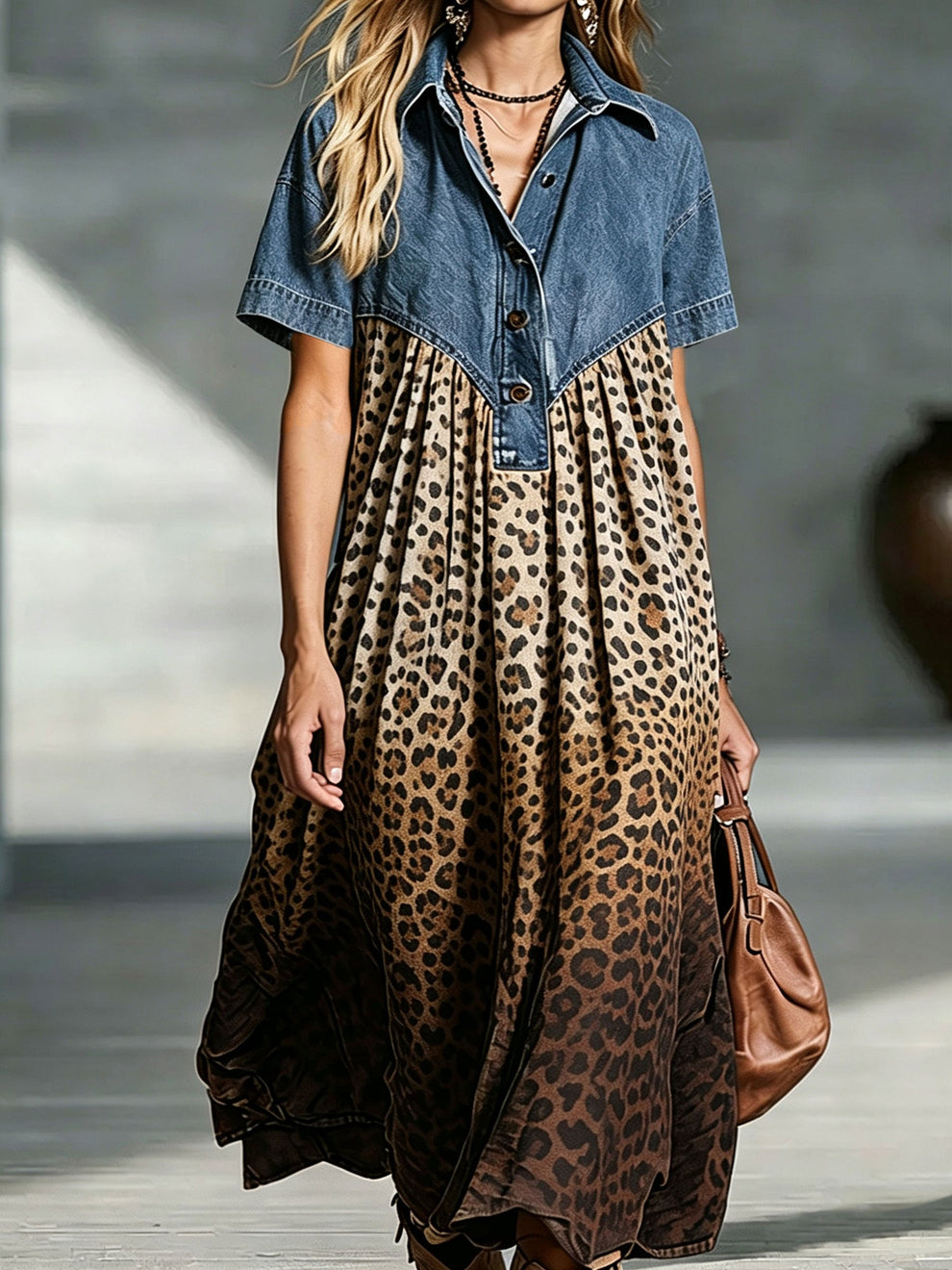 Women’s Denim Spliced Gradient Leopard Print Shirt Midi Dress – Mivox