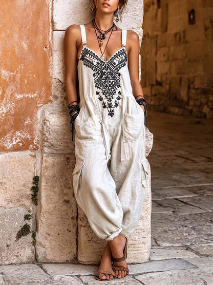 🤲LAST DAY SAVE 49% ⏰Women's V-neck Sleeveless Wide-leg Jumpsuit — Casual, Loose-fit Cotton-linen Blend With Placement Print