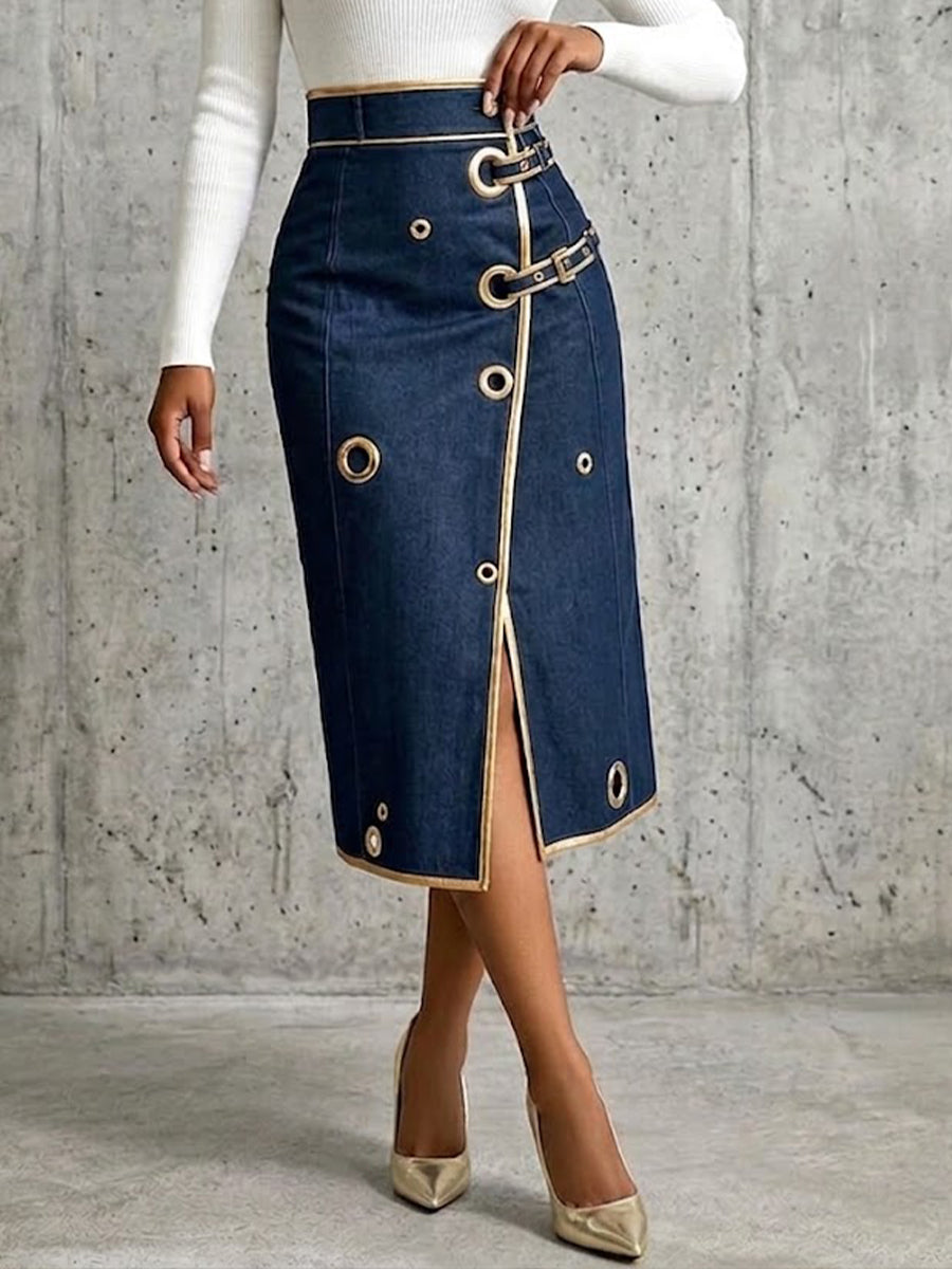 🤲LAST DAY SAVE 49% ⏰Chic And Refined Denim Midi Skirt With Gold Piping.