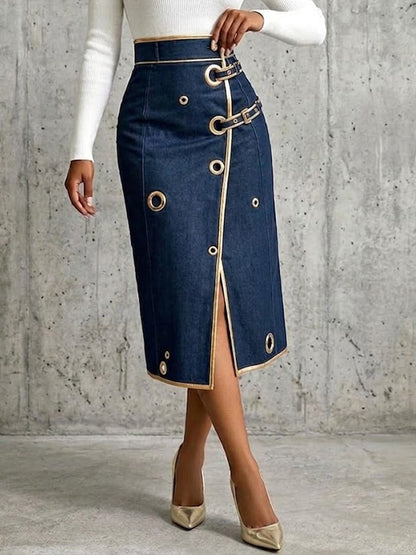 🤲LAST DAY SAVE 49% ⏰Chic And Refined Denim Midi Skirt With Gold Piping.