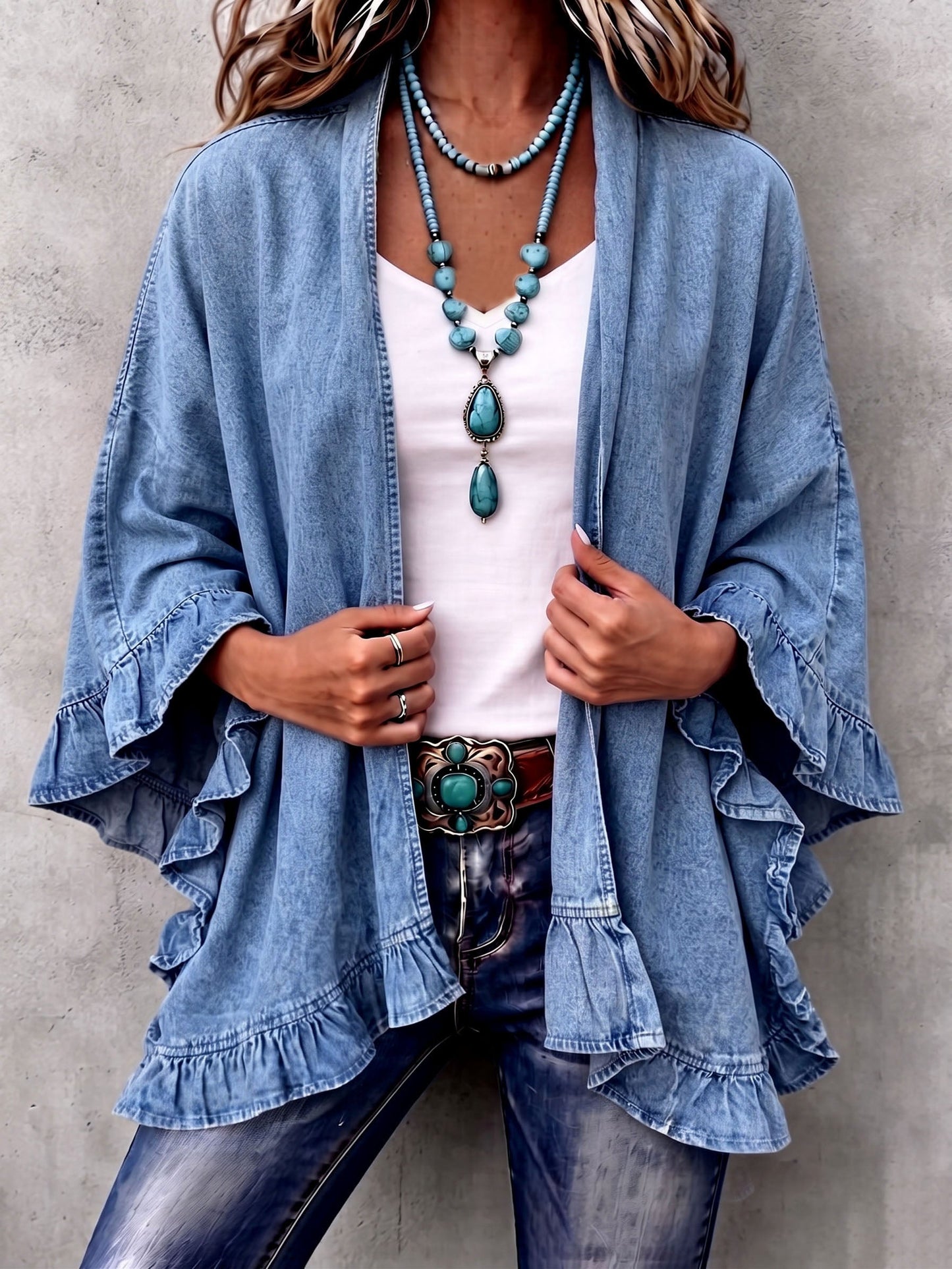 🤲LAST DAY SAVE 49% ⏰Chic Boho Denim Ruffle Trim Cardigan