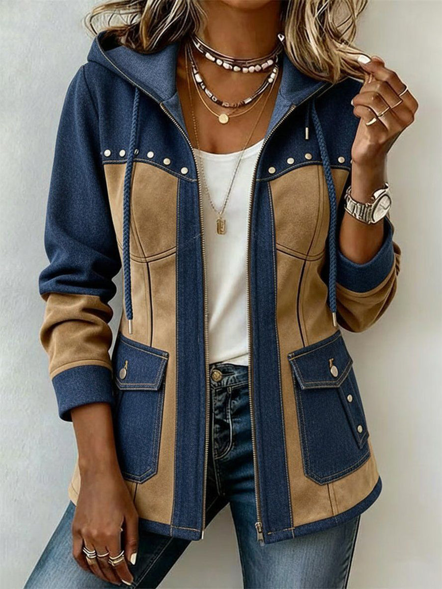 🤲LAST DAY SAVE 49% ⏰Chic Denim Patchwork Suede Hooded Jacket