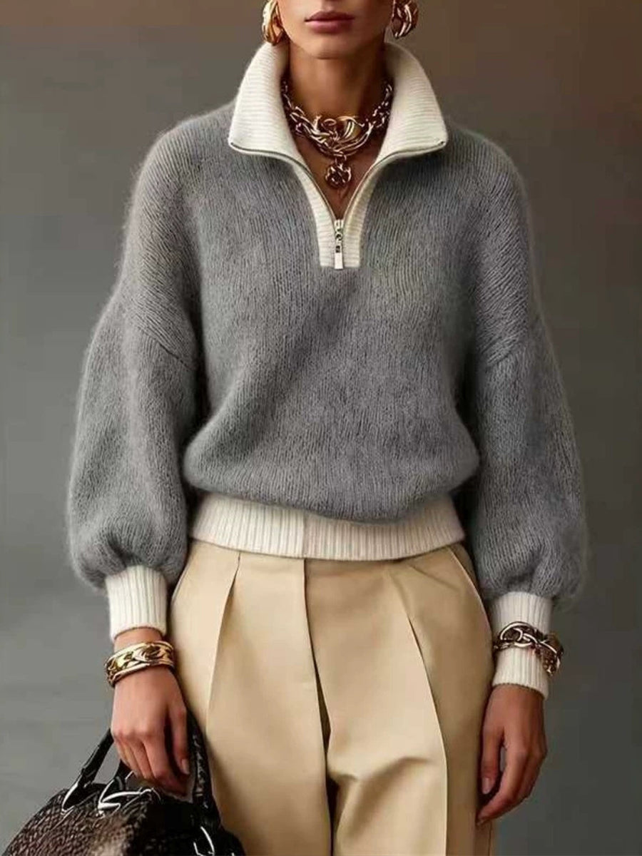 🤲LAST DAY SAVE 49% ⏰Chic Lavender Contrast-Trim Half-Zip Sweater