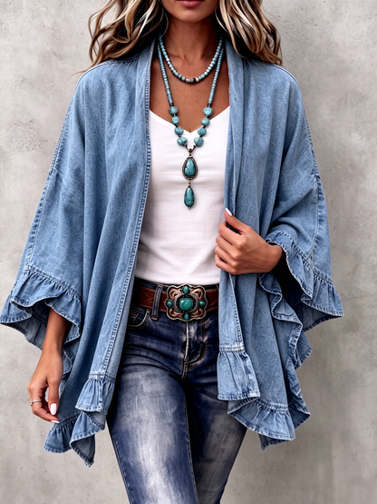 🤲LAST DAY SAVE 49% ⏰Chic Boho Denim Ruffle Trim Cardigan