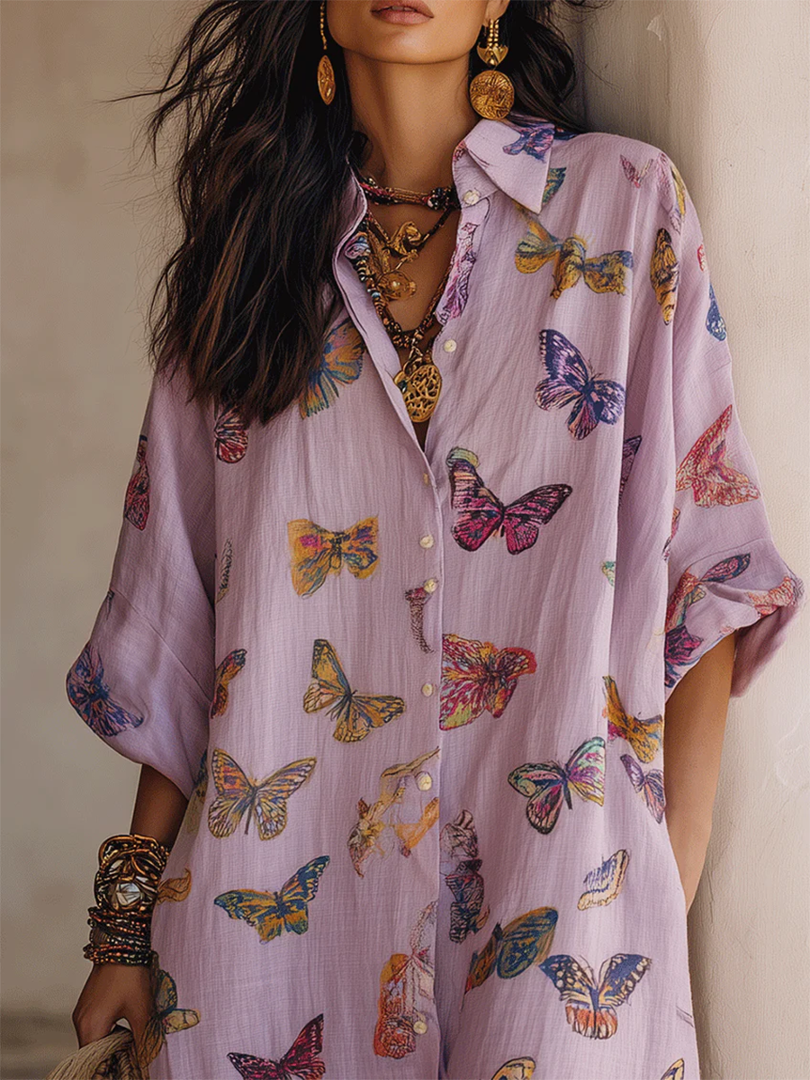 Boho Butterfly-print Shirt Dress