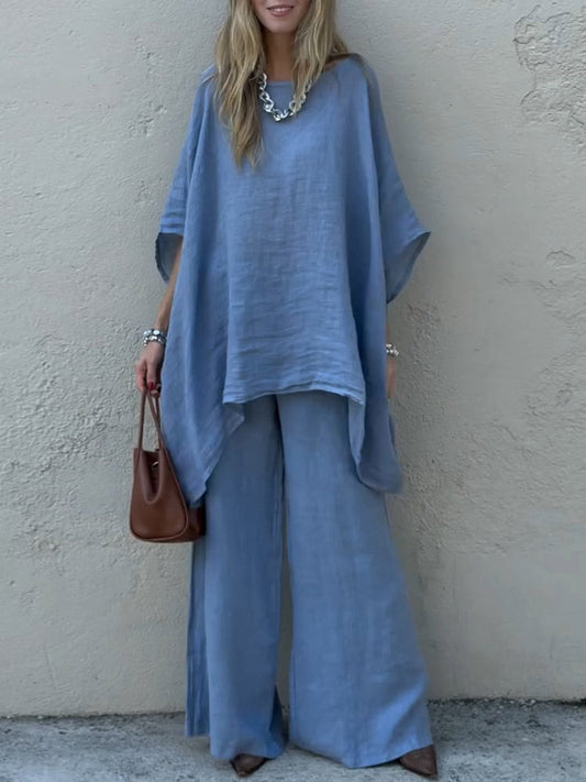 👚Relaxed Sky Blue Linen 2 Piece Lounge Set | Boho Oversized Tunic &amp; Wide Leg Pants