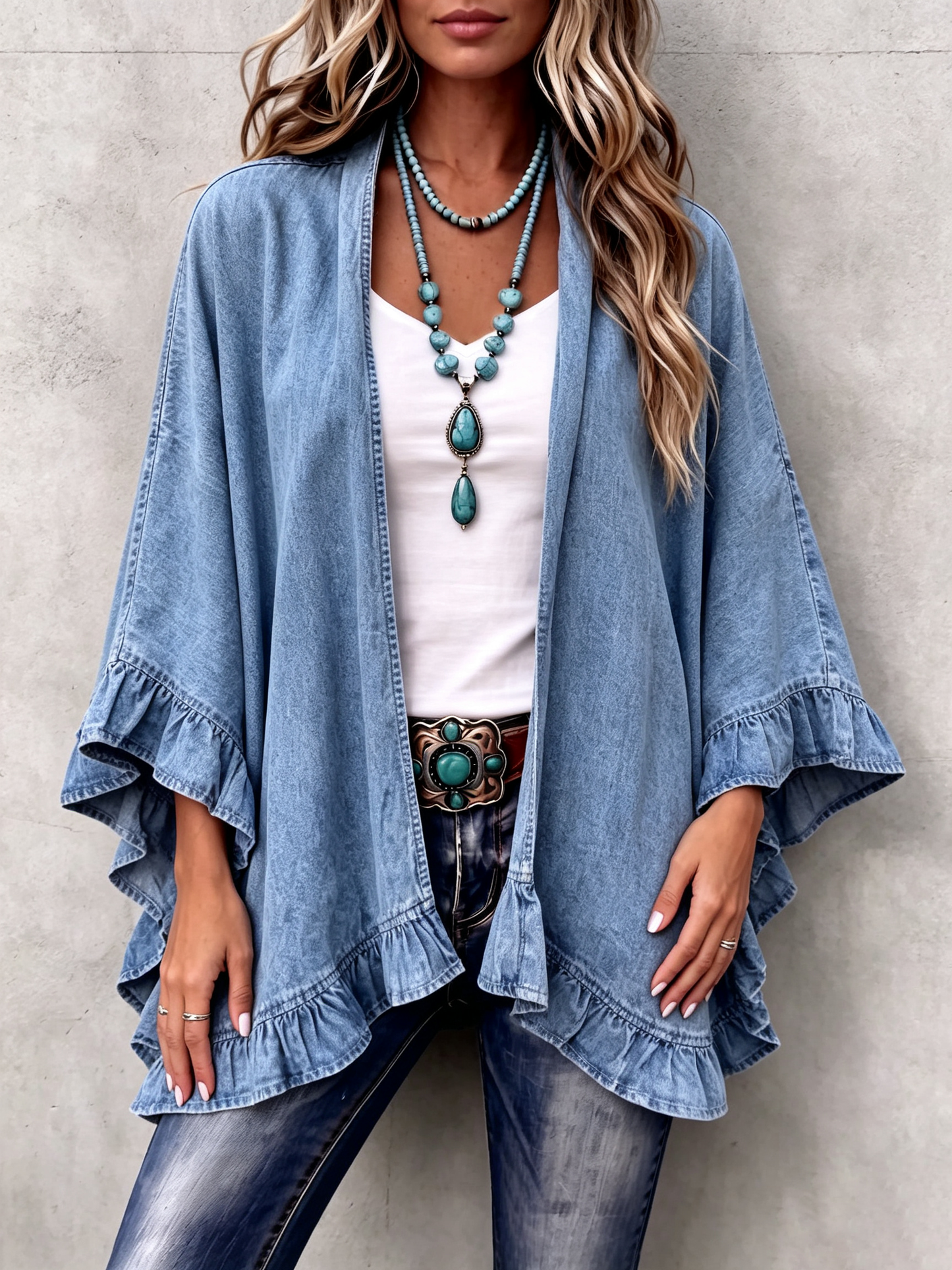 🤲LAST DAY SAVE 49% ⏰Chic Boho Denim Ruffle Trim Cardigan