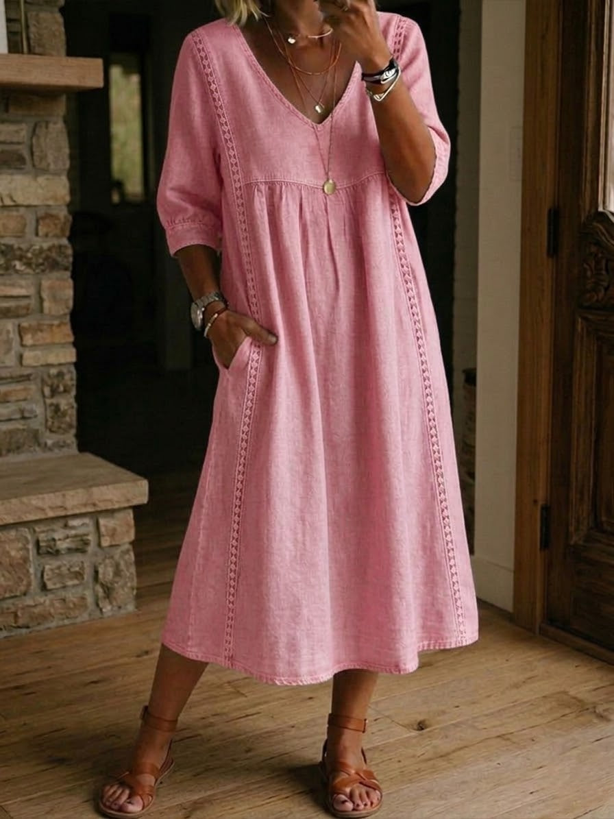 🤲Casual Loose-fitting Patchwork Lace Trim Linen And Cotton Dress