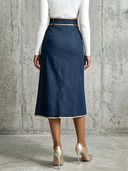 🤲LAST DAY SAVE 49% ⏰Chic And Refined Denim Midi Skirt With Gold Piping.