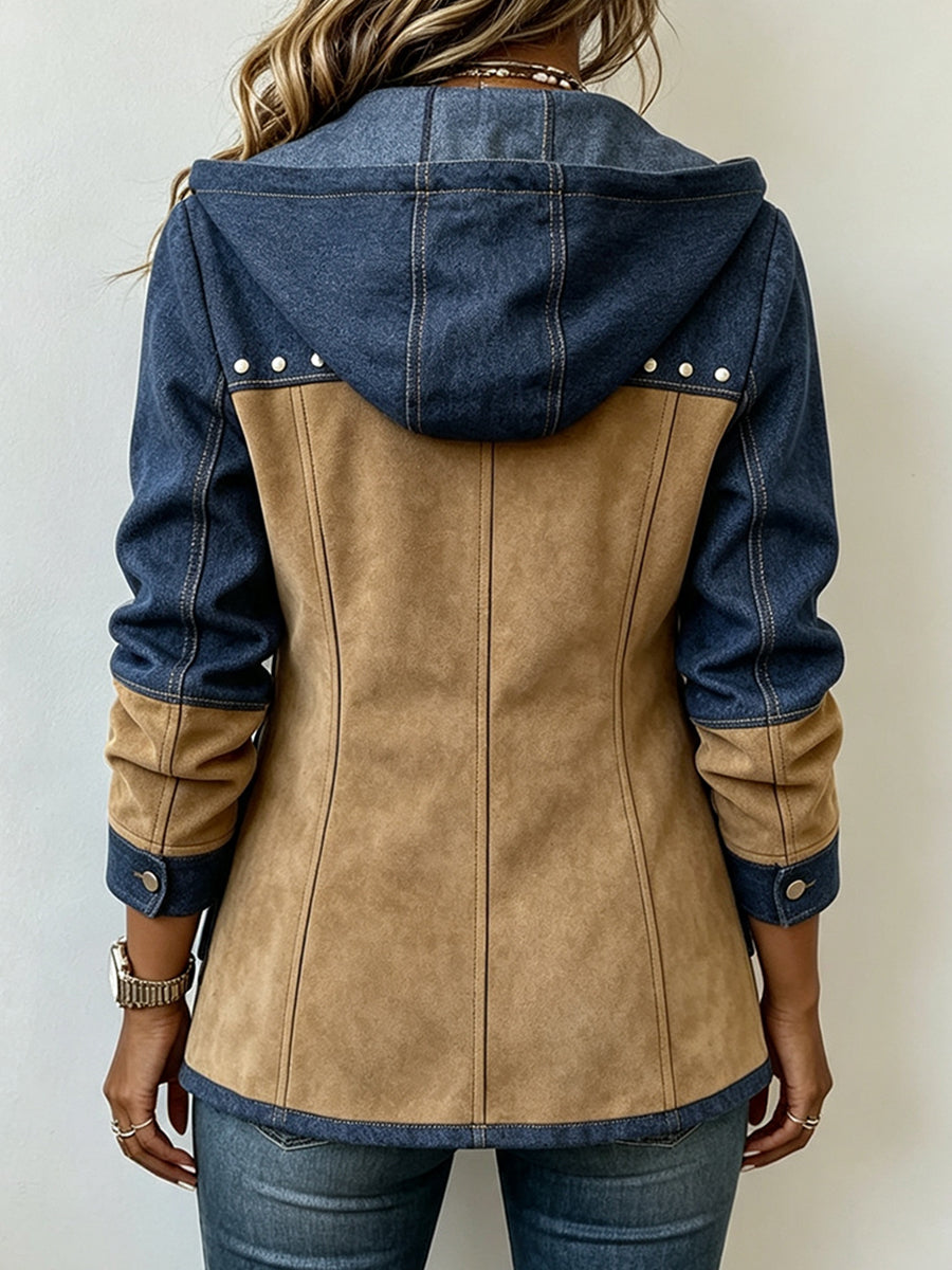 🤲LAST DAY SAVE 49% ⏰Chic Denim Patchwork Suede Hooded Jacket