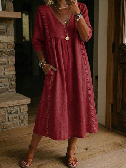 🤲Casual Loose-fitting Patchwork Lace Trim Linen And Cotton Dress