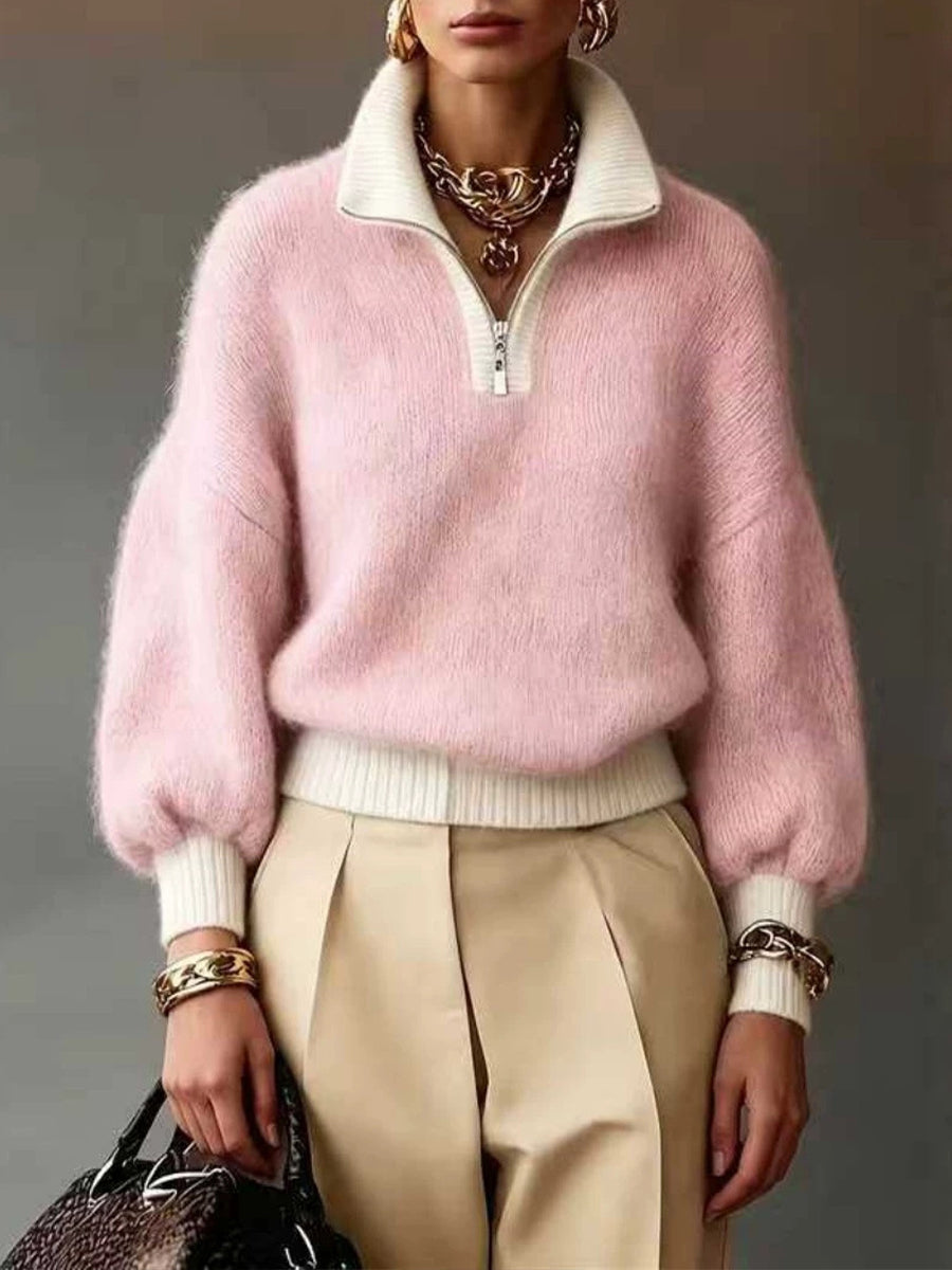 🤲LAST DAY SAVE 49% ⏰Chic Lavender Contrast-Trim Half-Zip Sweater