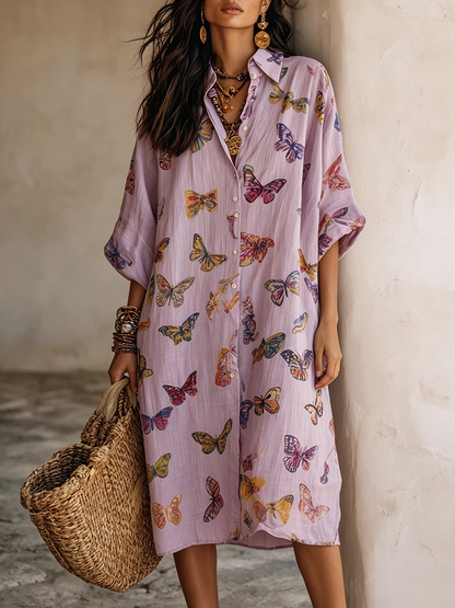 Boho Butterfly-print Shirt Dress