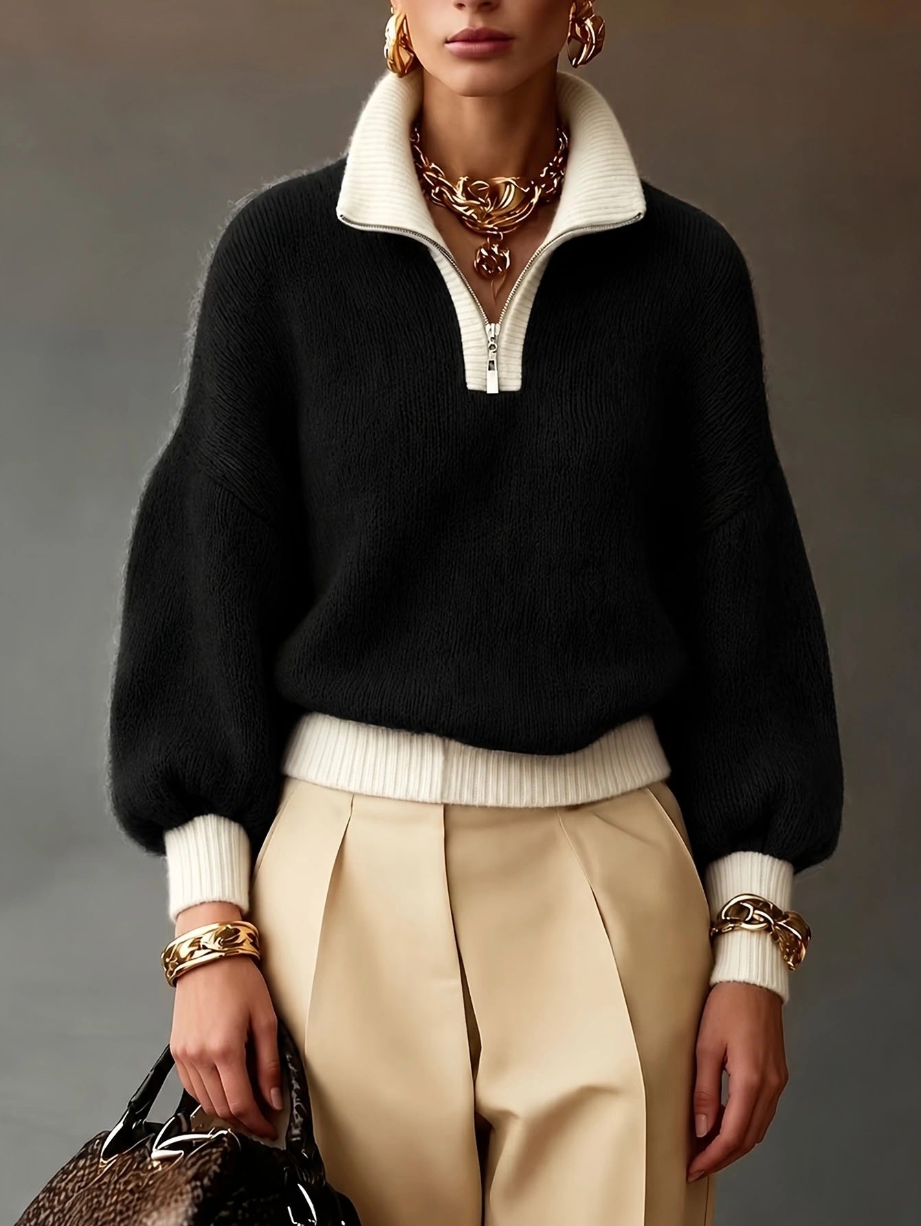 🤲LAST DAY SAVE 49% ⏰Chic Lavender Contrast-Trim Half-Zip Sweater