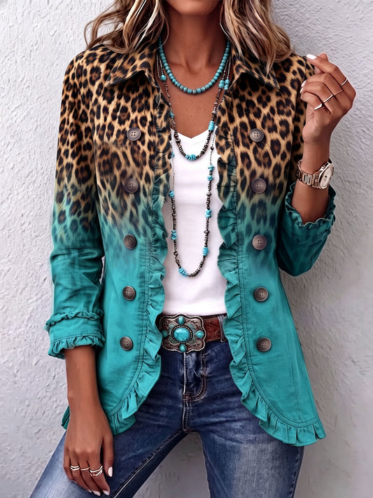 🤲LAST DAY SAVE 49% ⏰Bold Boho Leopard & Teal Ruffle Blazer Jacket