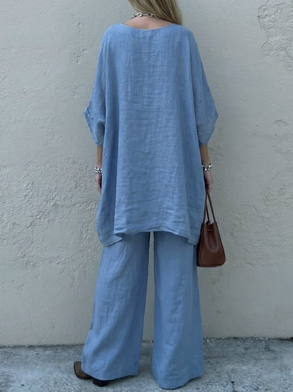 👚Relaxed Sky Blue Linen 2 Piece Lounge Set | Boho Oversized Tunic &amp; Wide Leg Pants