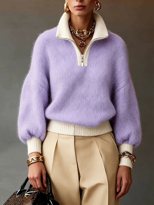 🤲LAST DAY SAVE 49% ⏰Chic Lavender Contrast-Trim Half-Zip Sweater