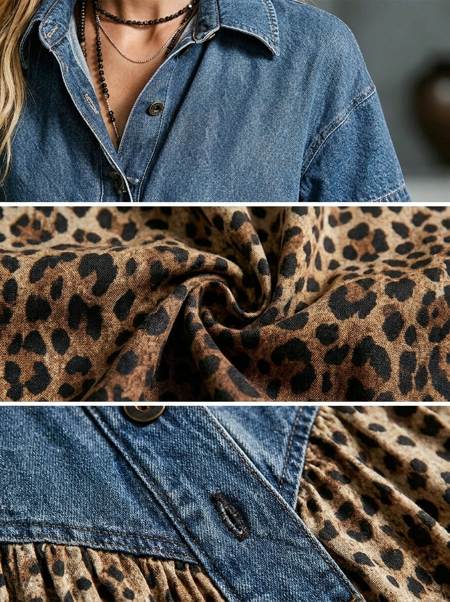 🤲LAST DAY SAVE 49% ⏰Women’s Denim Spliced Gradient Leopard Print Shirt Midi Dress