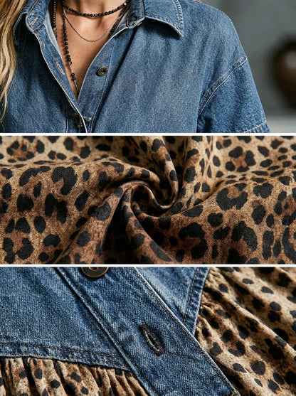 🤲LAST DAY SAVE 49% ⏰Women’s Denim Spliced Gradient Leopard Print Shirt Midi Dress