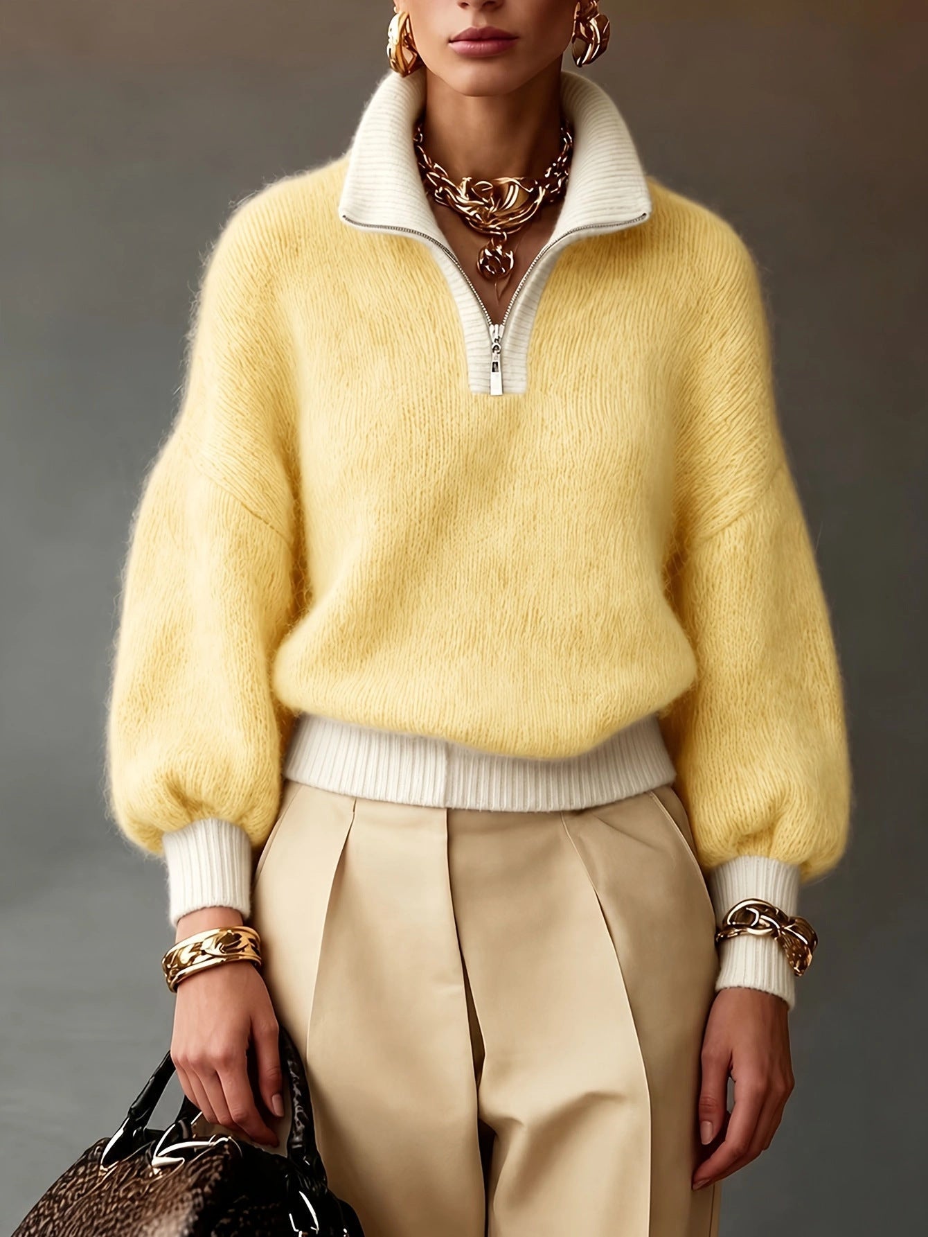 🤲LAST DAY SAVE 49% ⏰Chic Lavender Contrast-Trim Half-Zip Sweater