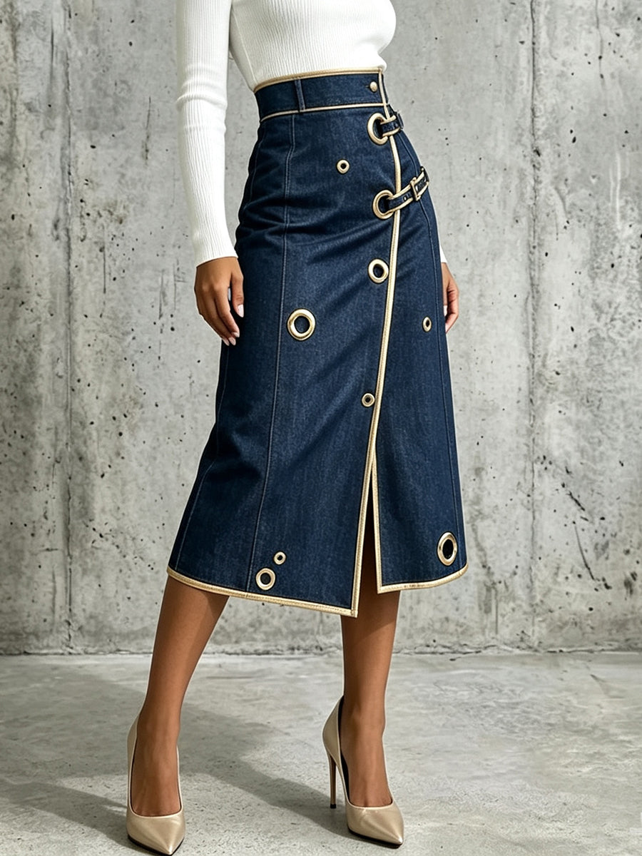 🤲LAST DAY SAVE 49% ⏰Chic And Refined Denim Midi Skirt With Gold Piping.