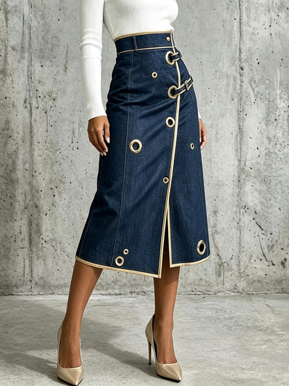 🤲LAST DAY SAVE 49% ⏰Chic And Refined Denim Midi Skirt With Gold Piping.